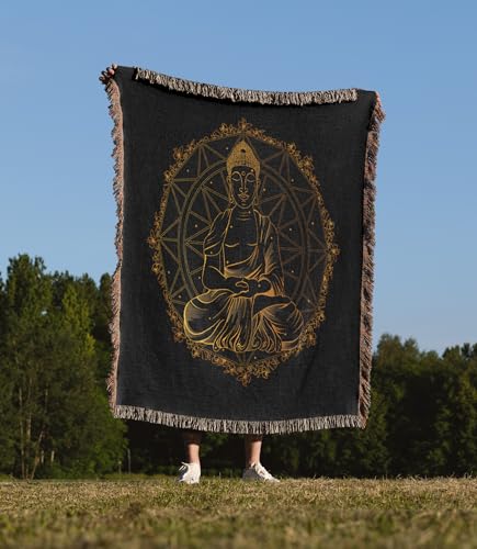 3dRose Golden Buddha Yoga Zen with Gold Mandala Religion Woven Blanket