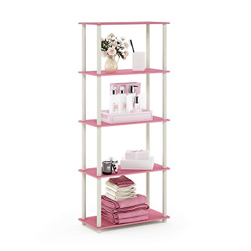 Furinno TURN-N-TUBE Storage Shelves, 5-Tier Book Shelf, Corner Shelf, Toolless Open Shelves, for Organization and Storage, Living Room, Garage, Home Office, Pink - color: Pink/White, size: 5-Tier Round Tube