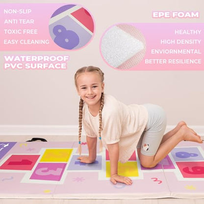Kangaroo Hoppers Gymnastics Tumbling Mats Foldable Gym Tumble Mat for Kids - color: Pink-Hopscotch Design, size: 3×6FT×1''