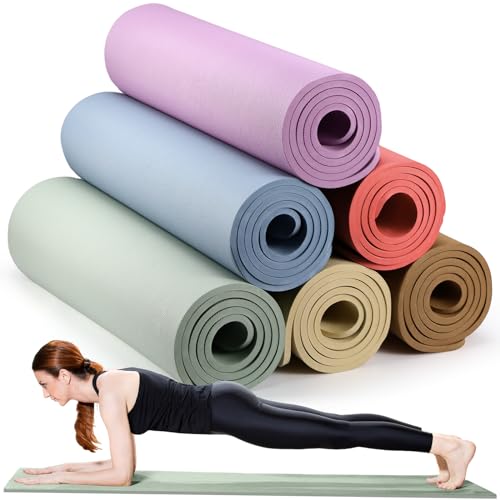 Timgle 6 Pcs 10mm Thick Yoga Mat Bulk 68 x 24 Inches Anti-slip Tear-resistant Exercise Mat Adult Gym Mats for Fitness, Stretching, Workout and Studio, Outdoor Yoga, Pilates - color: blue, red, green, purple, brown, khaki