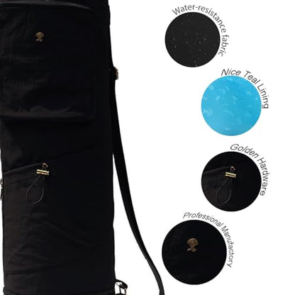 ESVAN Yoga Mat Bag with Multi Pockets Drawstring Yoga Mat Carrier Pilates Exercise Multi-Functional Storage Bag - color: Nylon Black