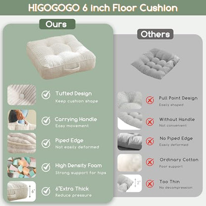 HIGOGOGO 6" Washable Floor Pillow Cushion for Adults, Meditation Cushion Pillow, Large Square Floor Sitting, Removable Tufted Corduroy Cover, for Tatami Living Room or Yoga, 22x22 Inch,Beige