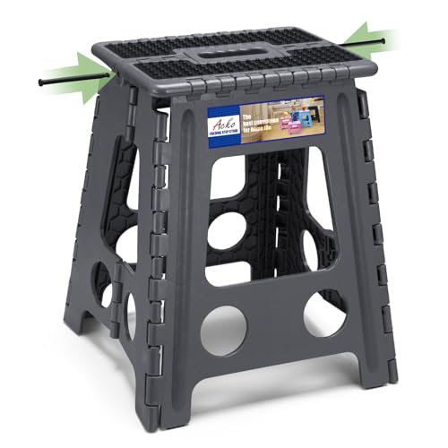 ACKO 16 Inch Folding Step Stool, 400 lbs Capacity Foldable Stools, Dot Gray | Portable Heavy Duty Collapsible Foot Stool with Handle for Adults & Kids, Non-Slip, Safety Lock, Kitchen Bathroom Outdoor - color: Dot Grey, size: 16 Inch