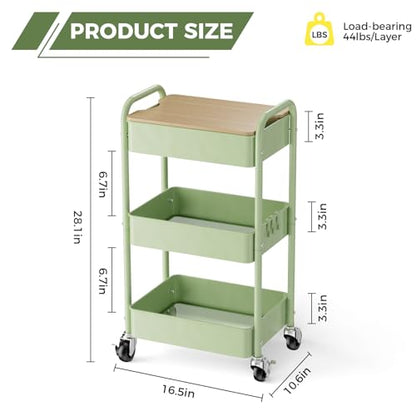 3 Tier Rolling Cart with Table top, Metal Rolling Utility Cart, Sturdy Storage Organizer Cart with Locking Wheels & Hooks for Office, Classroom, Kitchen and Bathroom - color: Green