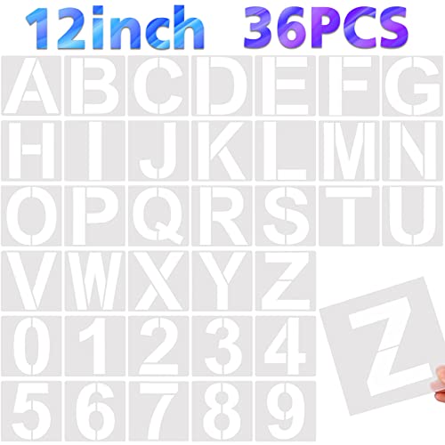 FEBSNOW 36 Pcs 12 Inches Large Alphabet Letter and Number Stencils | Reusable PET Plastic, Painting on Wood Wall Fabric Rock Chalkboard Glass, Creating Sign Craft Board, 36 Pcs 12x12 Inches - size: 12 inches