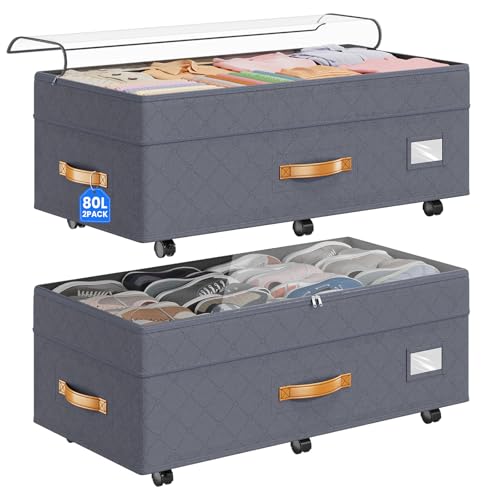 Budding Joy 80L 2 Pack Adjustable Under Bed Storage Containers with Wheels - color: Grey