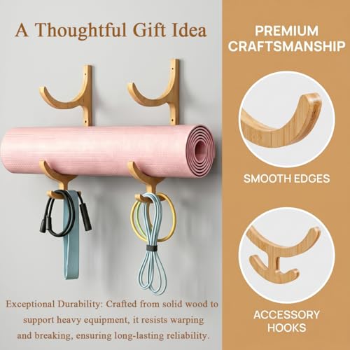 Wooden Yoga Mat Holder Wall Mount with 4 Hooks