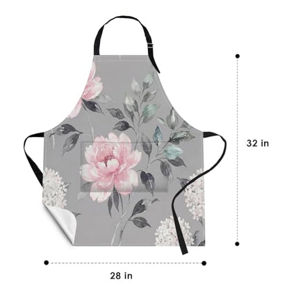 Apron with Pockets, 32x28 inch, for Women Men, Floral Grey | Pink Flower Leaves Waterproof Adjustable Bib Aprons for Kitchen Cooking Baking Painting Gardening - color: Peony