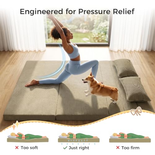 Tri-Fold Futon Mattress, Foldable Floor Mat (Sage Olive,Queen) - color: Sage Olive, size: Queen (80"L x 60"W x 3"Th)
