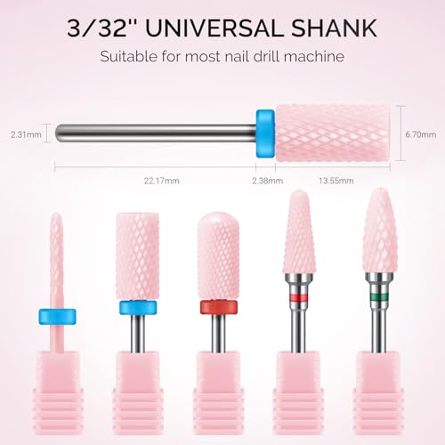 MelodySusie Ceramic Nail Drill Bits Set, 3/32'' (2.35mm) Professional Acrylic Nail File Drill Bit for Manicure Pedicure Cuticle Gel Nail Polishing, 5Pcs, Pink - color: Pink, size: 5 Piece Set