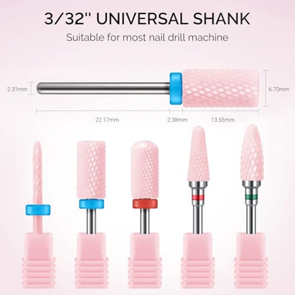 MelodySusie Ceramic Nail Drill Bits Set, 3/32'' (2.35mm) Professional Acrylic Nail File Drill Bit for Manicure Pedicure Cuticle Gel Nail Polishing, 5Pcs, Pink - color: Pink, size: 5 Piece Set