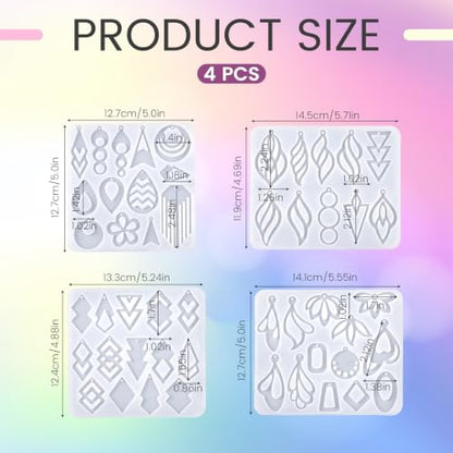 50 Styles Resin Earring Molds, 4 Pcs Silicone Jewelry Resin Casting Molds with Built in Holes Resin Molds Jewelry for Epoxy Pendantr Earrings Necklace Pendants Keychains