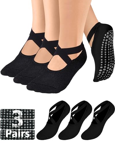 AURUZA Pilates Grip Socks for Women Non Slip Skid Yoga Socks with Grips Straps for Ballet Dance Workout Gripper Sock - color: 3pairs- 3black, size: Medium