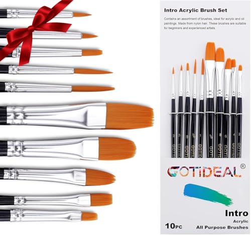 GOTIDEAL Paint Brushes, Acrylic Paint Brushes, 10 Pcs Round Pointed Tip | Small Nylon Hair, for Acrylic, Oil and Gouache, Body, Face Nail Art and Rock Painting, Perfect for Kids & Adult