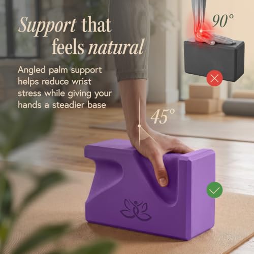 PRO Yoga Blocks | Ergonomic Yoga Block 2 Pack for Wrist Comfort and Support | EVA Foam Exercise Blocks, 2x Knee Pads & Yoga Strap | Pilates Block Set | Bricks to Eliminate Wrist Pain - color: Purple
