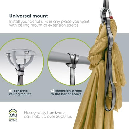 AyuHome Aerial Silks Yoga Swing Aerial Hammock Kit for Home | Premium aerial silks yoga swing kit with rigging hardware for aerial yoga, gymnastics, and home fitness - color: Aerial silk - Gold - New