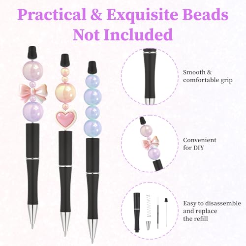 60 Piece Beadable Pens Bulk Set, Beaded Pens DIY with 20 Ballpoint Pen Sets and 40 Refills & Bags, Office Supplies for Office Art Crafts Journaling Party Favors Project Accessories Black - color: Black