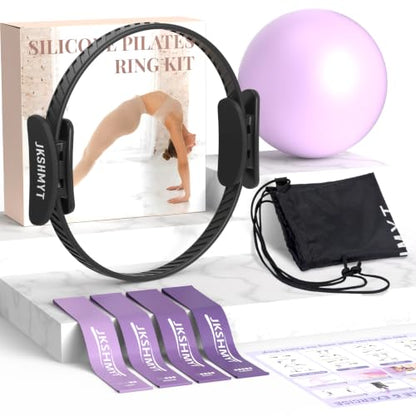 JKSHMYT Pilates Ring, 14.5 inch Magic Circle Pilates Equipment | 30 lb Resistance Home Pilates Ring, Durable Foam Padded Handles, Essentials Pilates Equipment for Beginners and Women - color: Dark, size: Pilates Kit