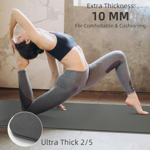 PAIDU POE Yoga Mat （10mm）Extra Thick Fitness Mat 72"x24" with Carry Strap | Non-slip, tear-resistant and suitable for all ages, perfect for yoga, Pilates, home gym and full-body workouts. - color: Grey+Black.