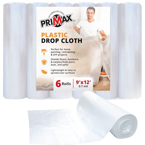 PRIMAX Clear Plastic Drop Cloth 9x12 ft (6 Pack) – Waterproof Painters Plastic Sheeting for Painting, Furniture Covers & Dust Protection – Easy Cleanup, Mess-Free Solution for Painting or Renovations - size: 9' x 12' - 6 pack