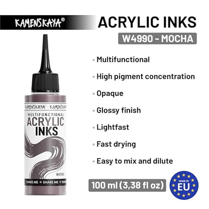 Kamenskaya Acrylic Inks for Artists - 'Mocha' Acrylic Ink, 3.38 Fl Oz (100 ml) | Highly Concentrated, Multifunctional Liquid Acrylic Paint - color: Mocha
