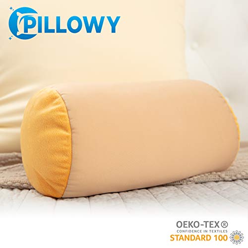 Microbead Bolster Neck Roll Pillow, 14x8 in Cylinder Tube, Barely Beige | Silky feel fabric helps prevent wrinkles & hair breakage; feather-light beads gently cushion head & shoulders as you rest - color: Barely Beige