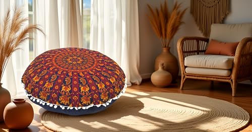 CRAFT KALA 22" Mandala Meditation Floor Pillows Pouf Cover Round Seating Bohemian Mandala Cotton Floor Cushion Cover Outdoor Fireplace Seating Living Room Yoga Room Home Décor Multi Elephant Camel - color: Multi Elephant Camel