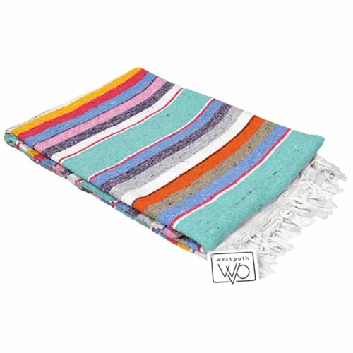 Open Road Goods Authentic Mexican Serape Blanket – 100% Cotton Falsa Throw - Multi-Color Handmade Blanket/Classic Striped Falsa Beach Blanket (Mint Pastel) - color: Mint