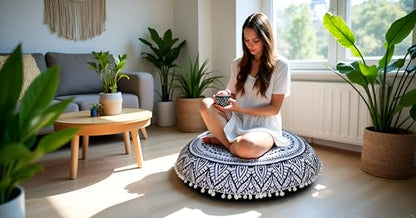 CRAFT KALA 32" Large Round Bohemian Floor Pillow Cover Boho Pouf Cover Mandala Meditation Room Pillows Cover Adults Seating Poufs Cushion Cover for Kids Reading Playroom Black Flower - color: Black Flower