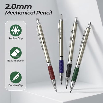 Nicpro 2.0 mm Mechanical Pencils Set, 4PCS Metal Mechanical Drawing Pencil | 108 Color & Black (HB 2B) Lead Refill, Non Slip Grips, Art Mechanical Pencil for School Writing, Artist Drawing Sketching