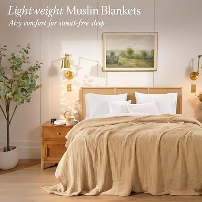 Threadmill Cotton Twin Blanket, Muslin, Beige, Prewashed, All-Season | 100% Cotton, Muslin Weave, Breathable, All-Season, Lightweight, OEKO-TEX Certified, Machine Washable - color: Beige, size: Twin