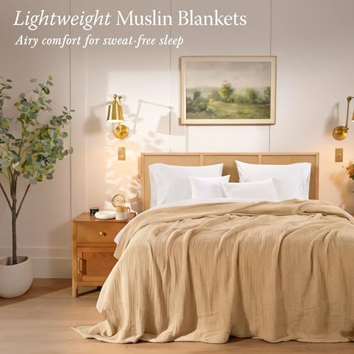 Threadmill Cotton King Blanket, Muslin, Beige, 100% Cotton Gauze Weave | 100% Cotton, Muslin Weave, Breathable, All-Season, Lightweight, OEKO-TEX Certified, Machine Washable - color: Beige, size: King