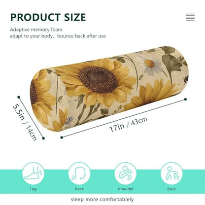 Bolster Pillow Neck Pillow Round Soft Health Memory Foam Pillows Long Cylindrical Body Pillow with Removable Cover Cute Back Yoga Beige Sunflowers and Daisy Bees01 17" x 5.5" - color: Beige Sunflowers and Daisy Bees01