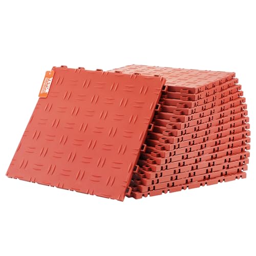 VEVOR Garage Floor Tiles 12 x 12 x 0.53 inch, Interlocking Design Ease of Installation Double-Sided Texture Non-Slip Sturdiness, for Garages, Basements, Repair Shops, Red, 50 Pack - color: Red, size: 50 Pack Tile