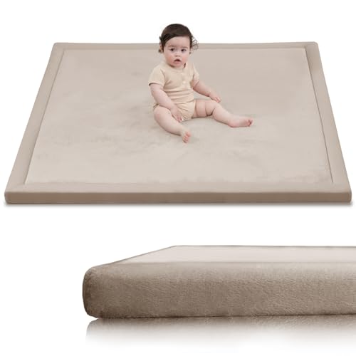 Huloo Sleep Ultra Soft Baby Play Mat for Floor,1.3" Thick Elasti-Foam 47x47 Play Mat for Playpen,Water-Repellent Coral Velvet for Tummy Time, Non-Slip Backing Safe for Toddlers & Infants（Beige） - color: Beige, size: 47"×47"×1.3"