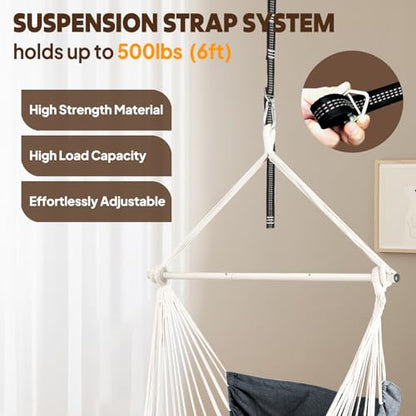Chihee Hammock Chair Foot Rest 2 Cushions Max 485 lbs Metal Spreader Bar | Robust Hanging Chair Soft Cotton Blended Swing Collapsible Easy Storage Strong Strap Iron Carabiner Pocket Indoor Outdoor - color: Dark Grey