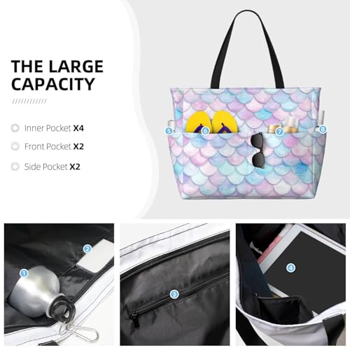 Large Beach Bag for Women Waterproof Foldable Travel Shoulder Tote Bag with Pocket for Weekender Pool Vacation - color: Fish Purple