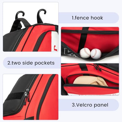 Catchers Gear Bag with Wheels for 4 Bats, 80L Rolling Baseball Bag - color: Red