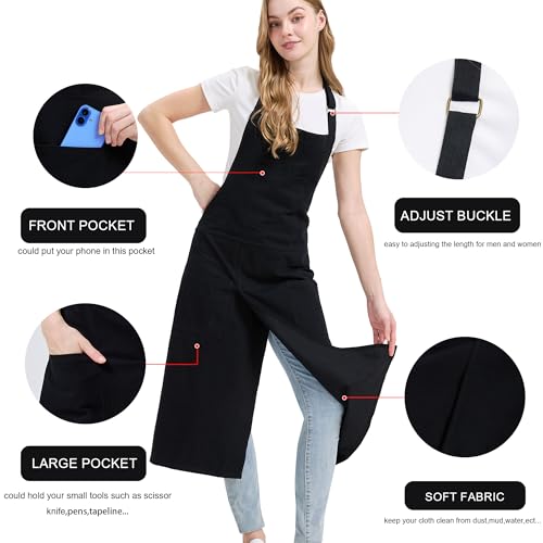 Molaxhome Split Pottery Apron with 3 Pockets Unisex with Adjustable Strap | Cotton Blend,Kitchen Apron,for Ceramics,Gardening,Kitchen Cooking - color: Black
