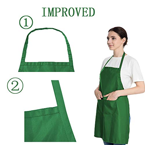 Total 6PCS Green Plain Color Bib Apron for Adult Women Unisex Durable Comfortable with 2 Front Pockets Washable Aprons for Chef Cooking Baking Kitchen Restaurant Crafting - color: Green