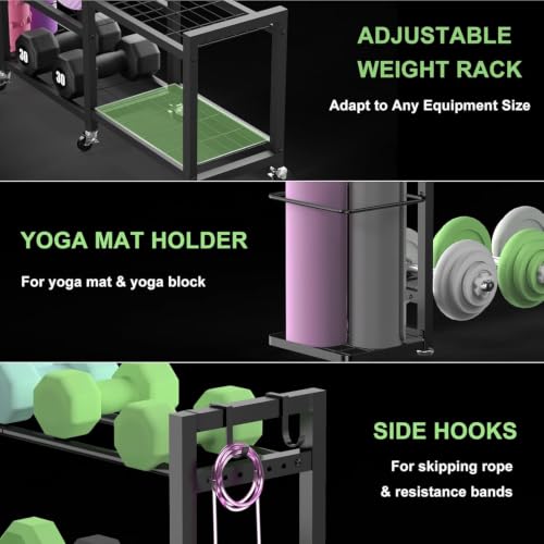 6-Tier Multi-Functional Home Gym Storage Rack with Wheels and Hooks, Adjustable Weight Rack for Dumbbells Kettlebells Yoga Mat and Balls, Space Saving Workout Equipment Storage Organizer