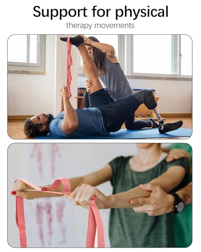 10 Loop Yoga Stretching Strap for Physical Therapy - Non-Elastic Exercise Band for Pilates, Yoga, Stretching for Women & Men - color: Pink