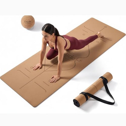 Laude Cork Yoga Mat + Ball Set – Sustainable Non Slip Yoga Mat with Strap – Thick Yoga Mat, Pilates Mat Thick & Workout Mat – Eco-Friendly Cork & Rubber Mat with Alignment Lines, Superior Grip, Sweat-Resistant & Durable 72"x26"