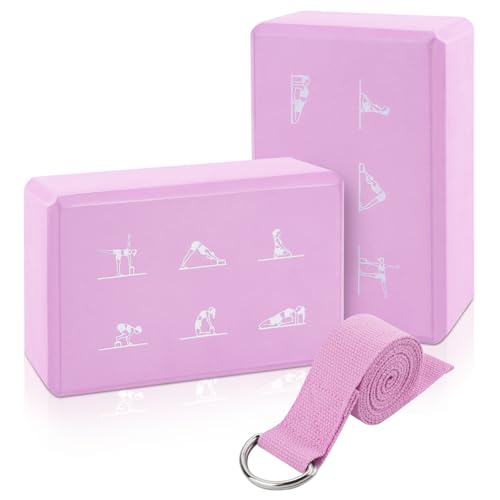 2 Yoga Block and 2 Yoga Strap Set,Non-slip EVA Foam Blocks, High Density Yoga Bricks with 6ft Strap, Supportive Latex-Free Yoga Block Accessories for Pilates - color: Pink