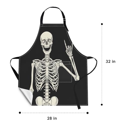 Apron with Pockets, 32x28 inch, for Women Men, Black Skull | Halloween Skeleton Rock Waterproof Adjustable Bib Aprons for Kitchen Cooking Baking Painting Gardening - color: Black Skull
