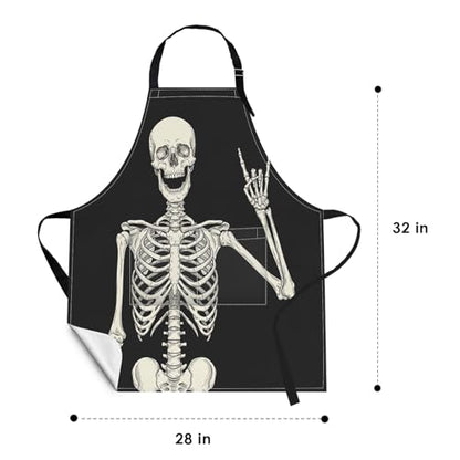 Apron with Pockets, 32x28 inch, for Women Men, Black Skull | Halloween Skeleton Rock Waterproof Adjustable Bib Aprons for Kitchen Cooking Baking Painting Gardening - color: Black Skull