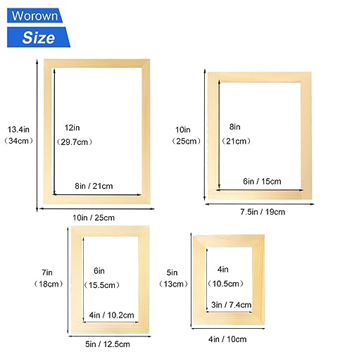 Worown Paper Making Screen Kit, 4 Sizes (A4, A5, A6, A7) Wooden Mould and Deckle with Mesh Set, Papermaking Frame Kit, DIY Handmade Craft Supplies for Paper Making - size: A4, A5, A6, A7