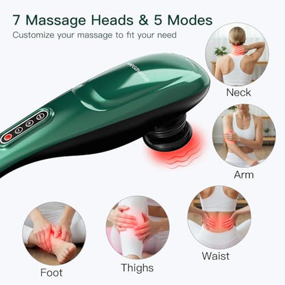 MEGAWISE Cordless Handheld Back Massager w/Rechargeable 3200mAh Battery, 5 Speed and 5 +2 Massage Nodes with Hard, Medium and 2 Soft Silicone Nodes; Massage While Moving Around (Dark Green) - color: Dark Green