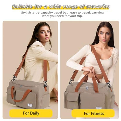 FIORETTO Women's Gym Duffle Bag with Shoes Compartment, 30L Capacity, Ideal for Travel, Gym, Sports, Duffel, Weekender - color: Khaki, style: Gym Bag With Toiletry Bag