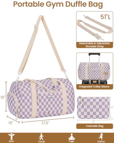 Vankor Gym Bag for Women, 17.5 inch Sports Duffle Bag with Shoe Compartment - color: Corduroy Checkered Purple